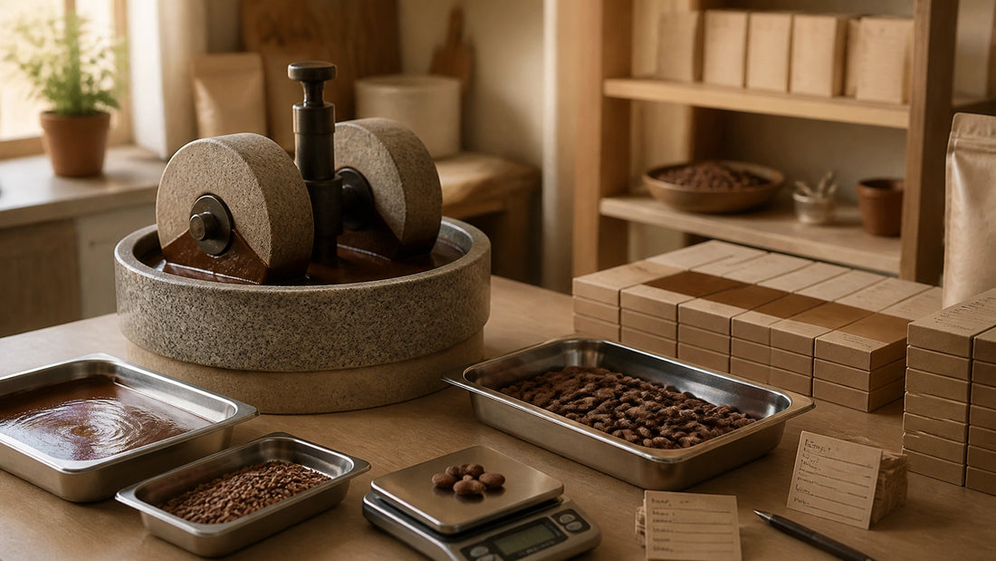 Small-batch chocolate workshop with a stone grinder, cocoa beans, trays, and organized production notes
