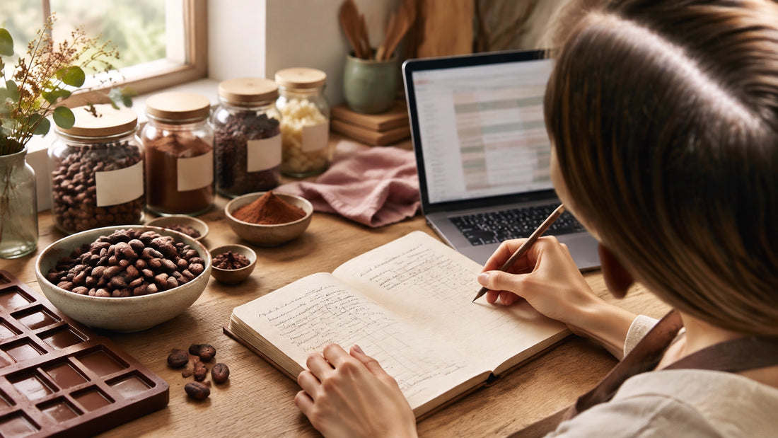 Craft chocolate maker reviewing a batch record beside cocoa beans and chocolate-making tools
