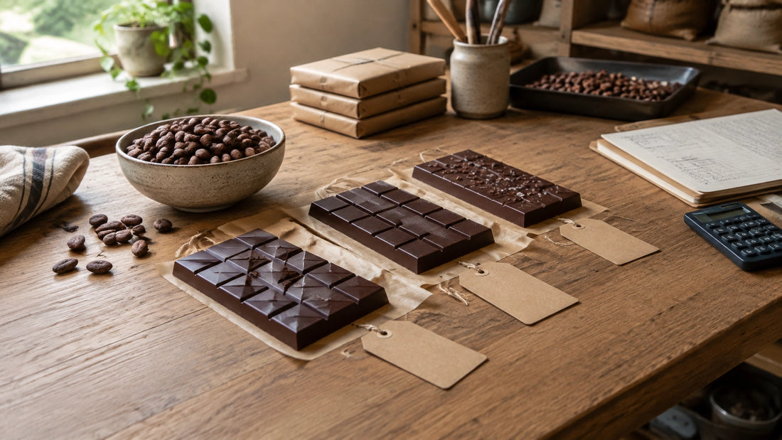 A small chocolate maker’s worktable with handcrafted bars, cacao beans, batch notes and blank price tags