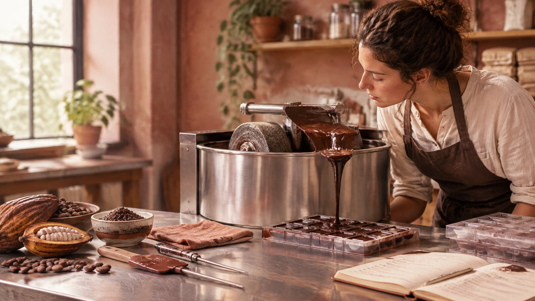 Craft chocolate maker working with thick dark chocolate in a small bean-to-bar workshop