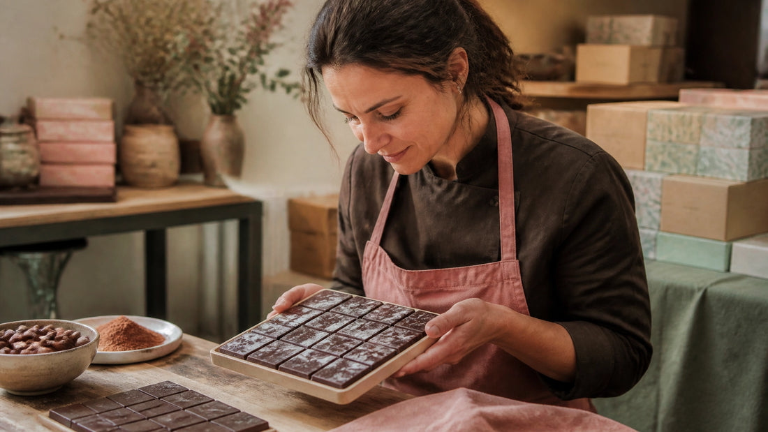A craft chocolate maker inspecting gray-streaked chocolate bars in a warm, softly lit workshop