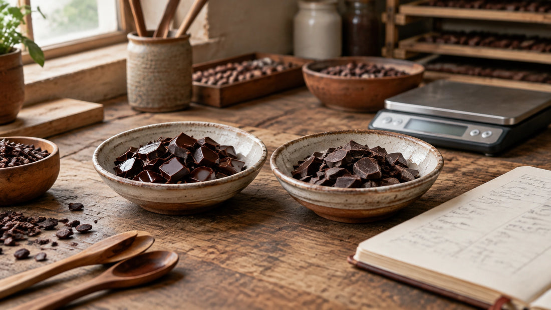 Two bowls of chocolate beside a batch notebook on an artisan workshop bench