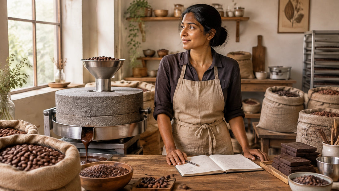A craft chocolate maker beside a stone grinder in a small warm-toned workshop