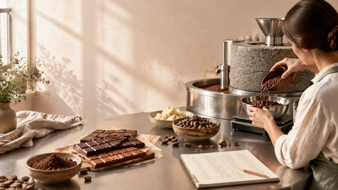 Small-batch chocolate maker weighing cocoa ingredients beside a professional stone grinder in a warm artisan workshop