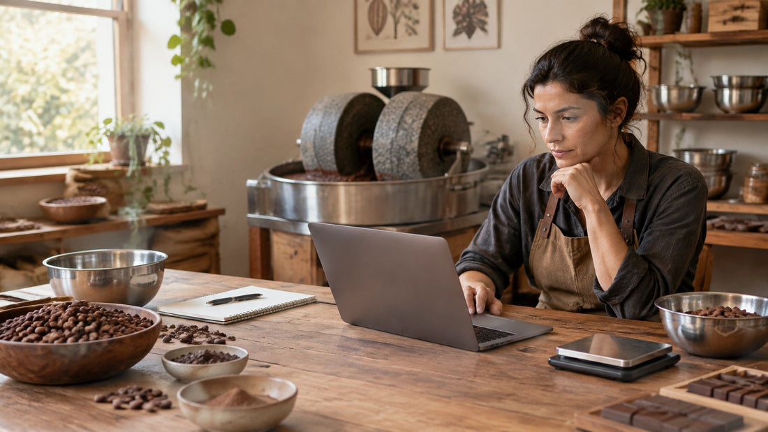 A craft chocolate maker working at a laptop in a small workshop with a stone grinder in the background