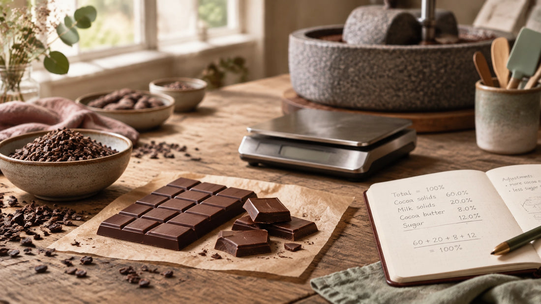 Chocolate maker’s workbench with dark milk chocolate, cocoa nibs, a digital scale, and a small stone melanger