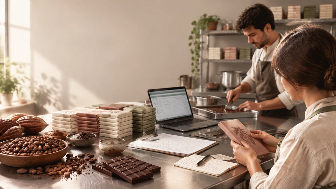 A small artisan chocolate workshop with batch records, finished bars, cocoa beans, and production equipment