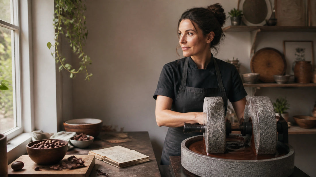 Former pastry chef working beside a stone grinder in a small artisan chocolate workshop
