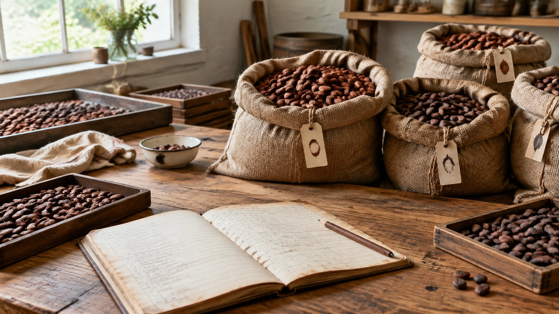 Cocoa beans in tagged jute sacks beside an open fermentation logbook in a small chocolate workshop