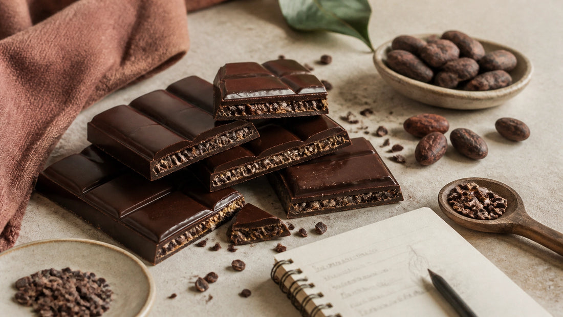 A layered craft chocolate bar with smooth chocolate, crisp inclusions, cocoa nibs, and sensory notes on an artisan workbench
