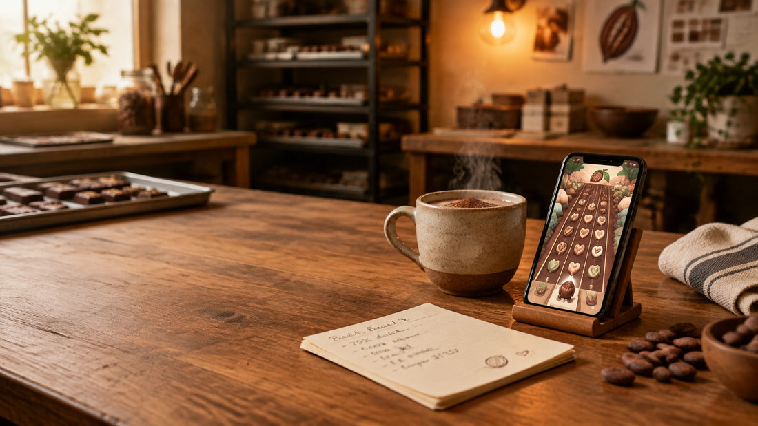 Sunday chocolate workshop table with a phone showing a colorful arcade game, hot cocoa, and batch notes