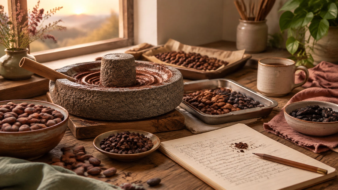Home chocolate maker’s workshop with a stone grinder, cocoa beans, roast notes, and an over-roasted batch set aside