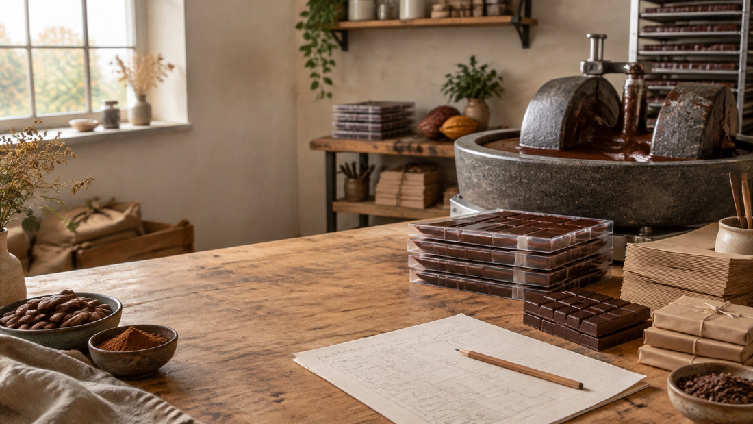 A small artisan chocolate workshop preparing a holiday wholesale production calendar beside a stone grinder, molds, packaging