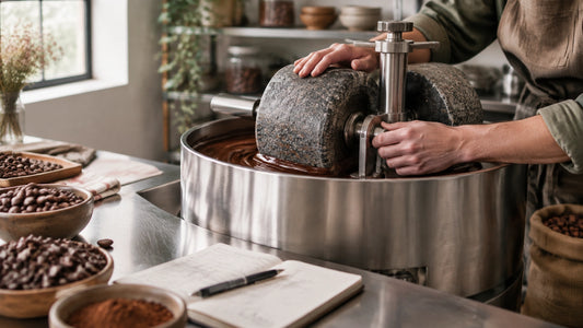 Close view of a professional stone grinder in an artisan chocolate workshop