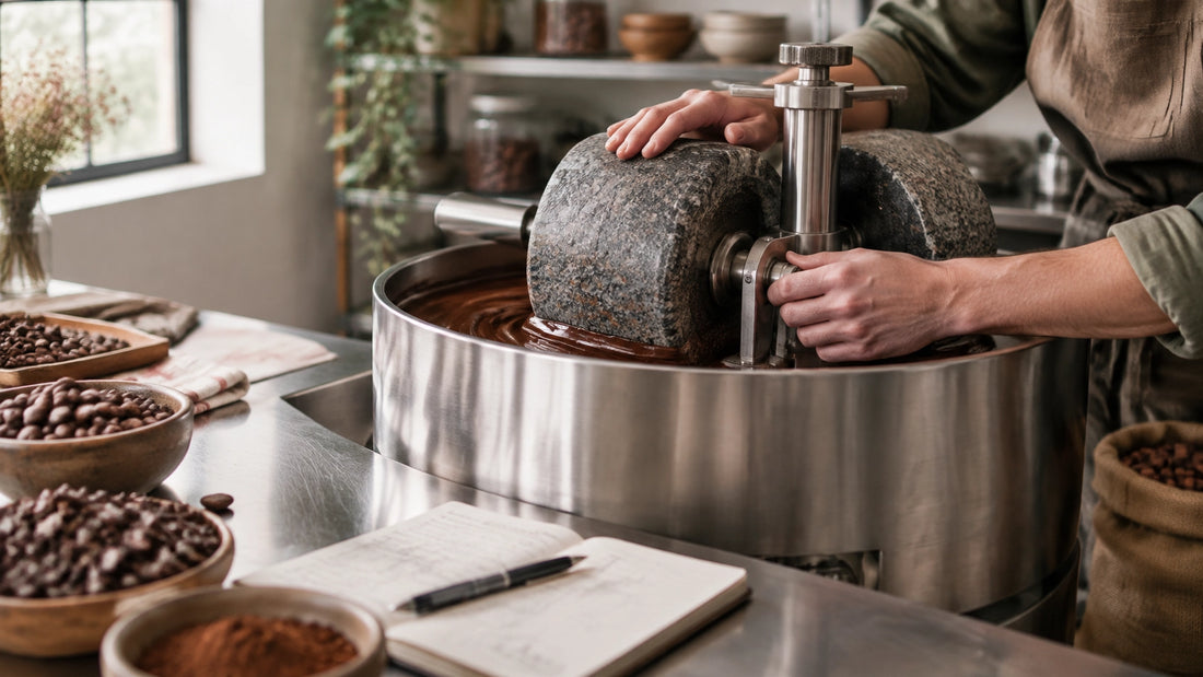 Chocolate maker inspecting a professional stone grinder in a warm artisan workshop