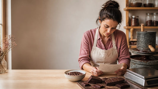 A chocolate maker recording batch details beside finished chocolate and a stone grinder