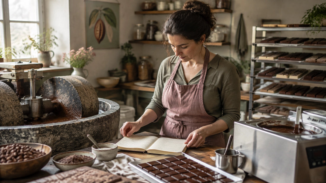 Chocolate maker reviewing a batch log beside a stone grinder in a small bean-to-bar workshop