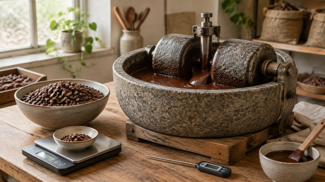A tabletop stone grinder running glossy dark chocolate beside a bowl of roasted cocoa nibs, a scale and a thermometer