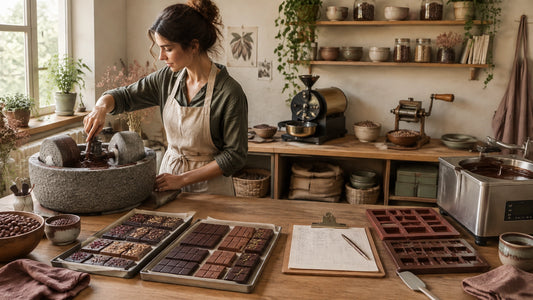Chocolate maker inspecting a stone grinder in a compact workshop