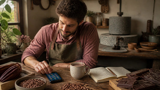 A chocolate maker taking a short break with a digital game, hot cocoa, and batch notes