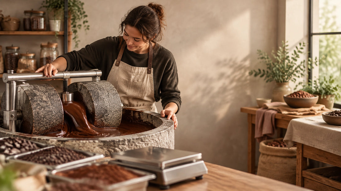 Chocolate maker working beside a stone melanger during a production batch