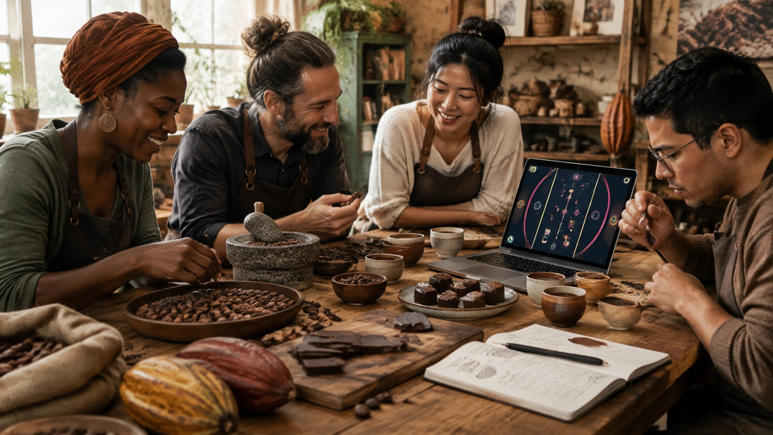 Chocolate makers gathered around a workshop table with cacao beans, equipment, and an arcade-inspired interface