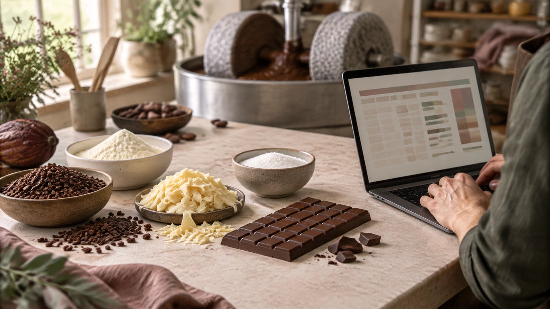 Craft chocolate maker weighing cocoa nibs, milk powder, and cocoa butter beside a stone grinder and laptop formulation tool