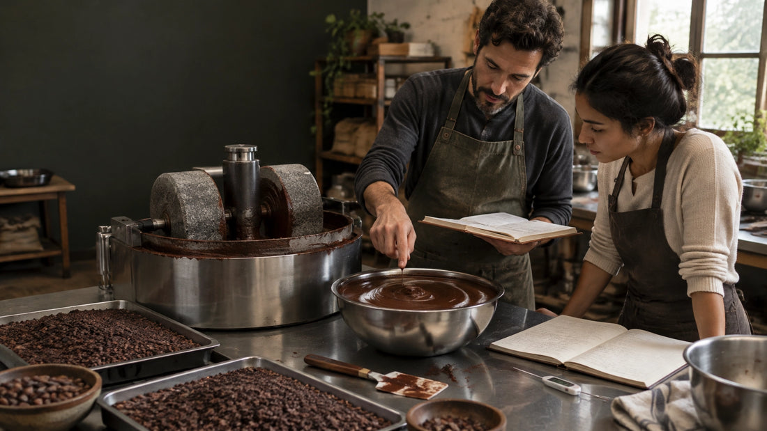 Two chocolate makers reviewing a batch beside a stone grinder in a warm artisan workshop