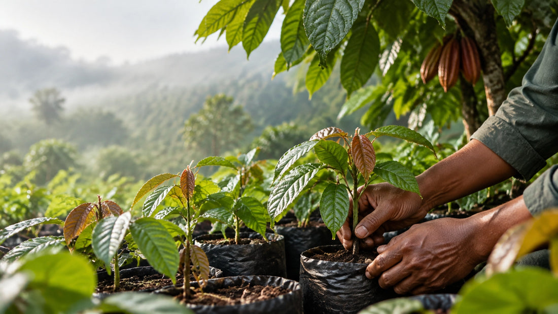 Cocoa seedlings growing in nursery bags beneath shade leaves, in warm natural light