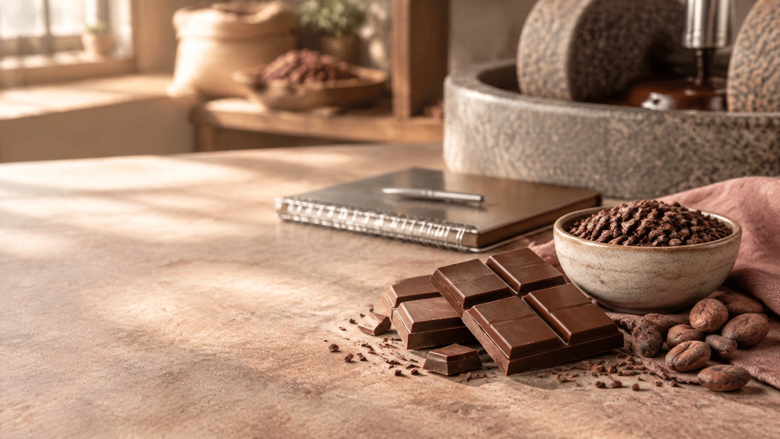 Dark milk chocolate bar, cocoa nibs, and a stone grinder in a warm artisan chocolate workshop
