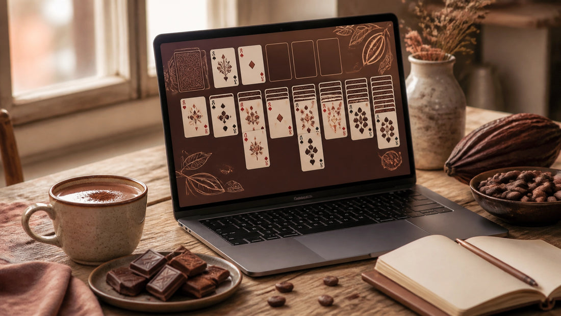 A cozy Sunday chocolate game session with hot cocoa, dark chocolate, cocoa beans, and a laptop