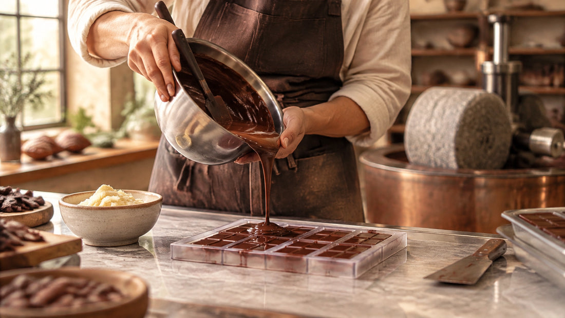 Craft chocolate maker pouring glossy chocolate at a tempering bench beside cocoa butter and a stone grinder