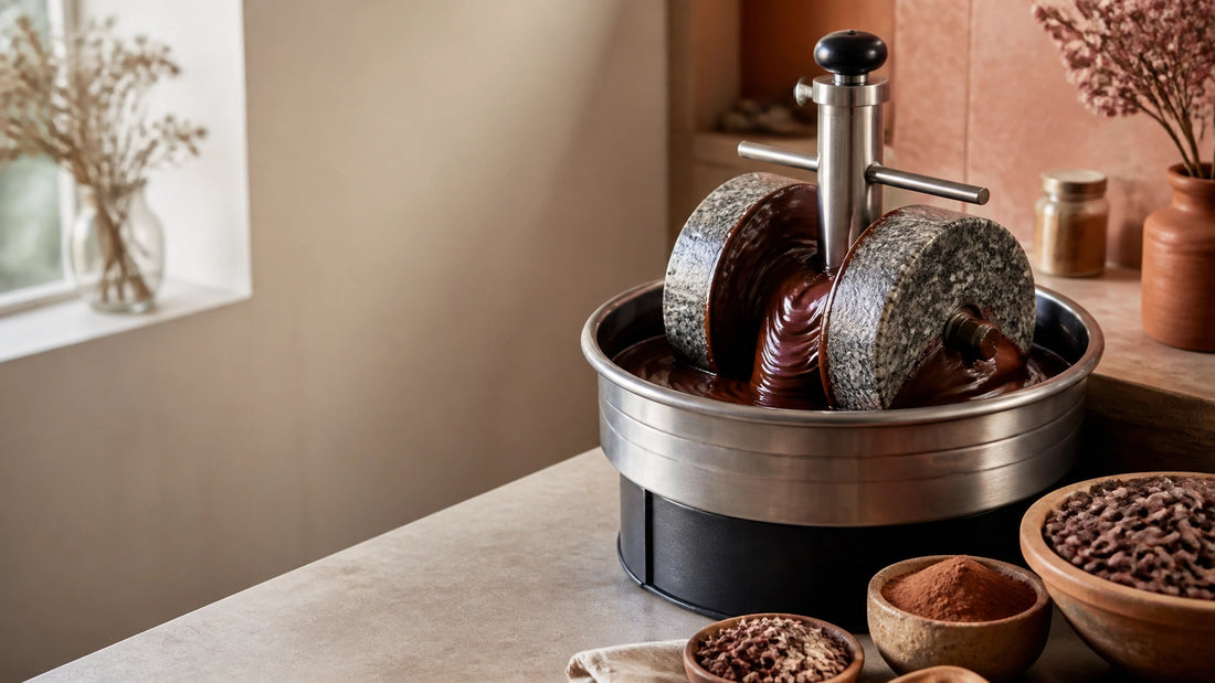 A compact stone grinder working dark chocolate in a warm artisan workshop