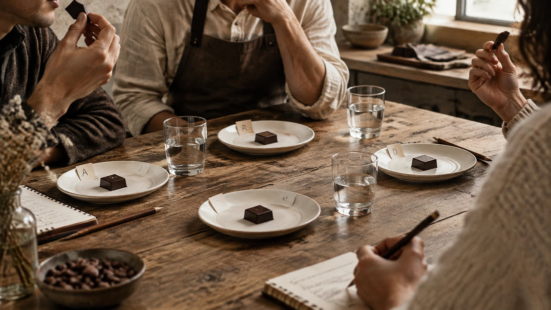 A small group in a warm chocolate workshop setting up coded samples for a Sunday tasting panel