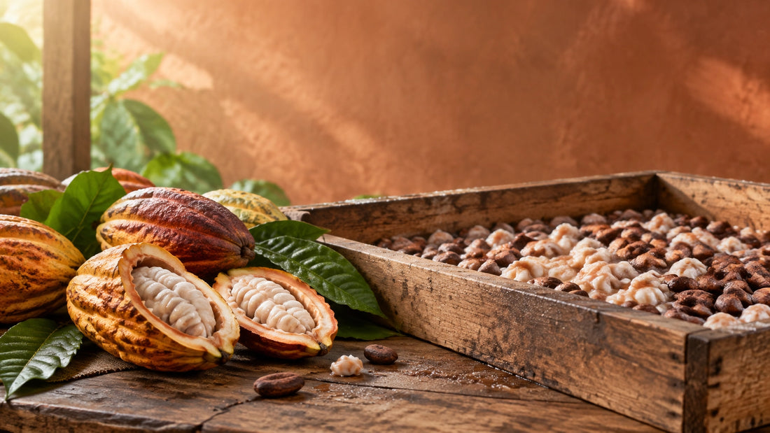 Fresh cacao pods and cacao beans fermenting in a wooden box