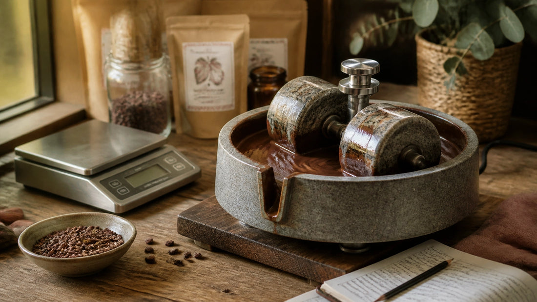 A small-batch chocolate maker working beside a stone grinder, cocoa nibs, and production notes