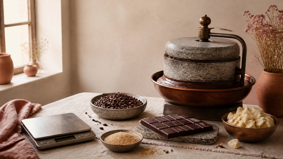 Artisan chocolate workshop with cocoa nibs, cocoa butter, cane sugar, and a stone grinder