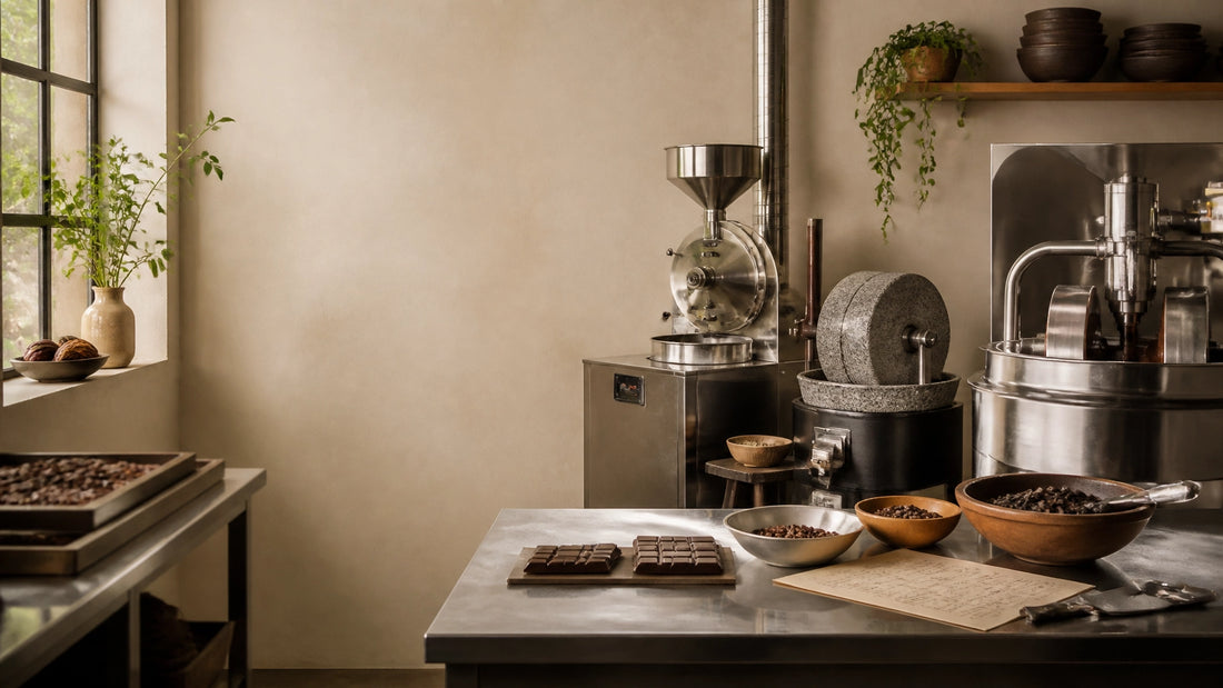 Craft chocolate workshop with a stone grinder, roaster, cocoa nibs, and batch notes