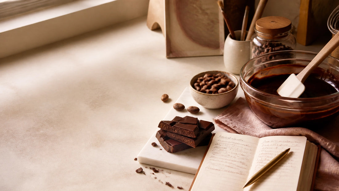 A craft chocolate maker’s workbench with dark chocolate, cacao beans, tasting notes, and small-format bars