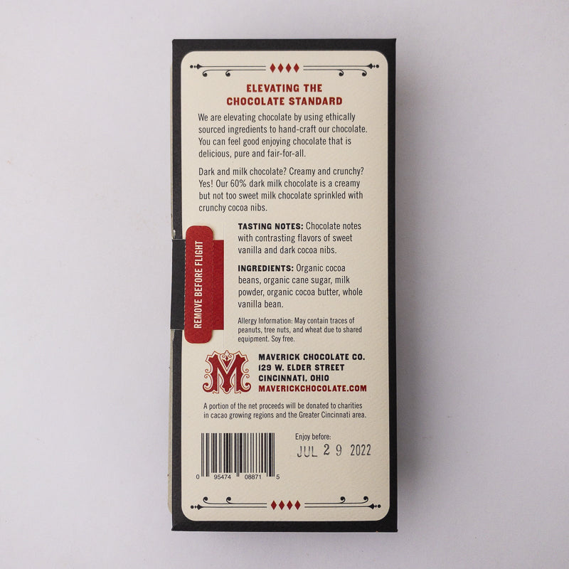 Cocoa Craft 60% Dark Milk Chocolate with a creamy texture and cocoa nib inclusions